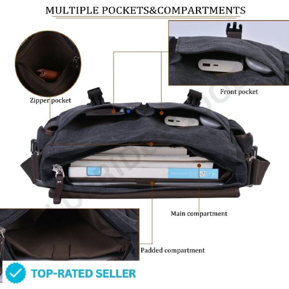 Vintage Canvas Laptop Messenger Bag Classic Retro Travel Office Satchel - Picture 4 of 4